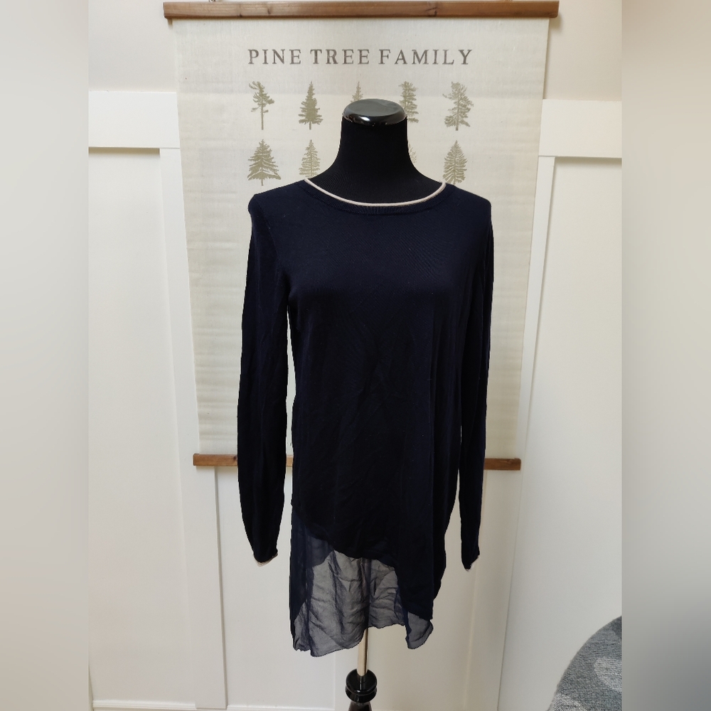 Laurel Navy Asymmetrical Hem Sweater with Sheer Silk Panel – 12